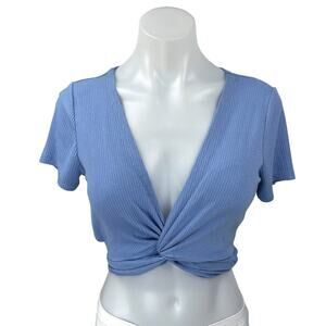 Hollister Blue Rib Knit Short Sleeve Knot Front V-Neck Tie Wrap Crop Top Size M